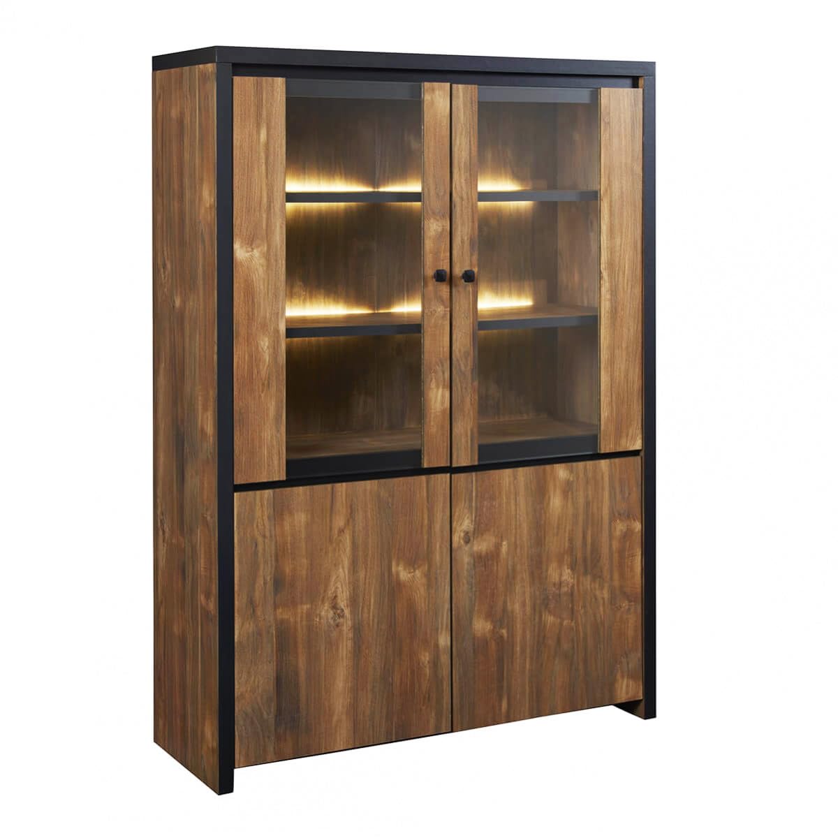 AltoBuy STALONE - Argentier 4 Portes Effet Bois Manguier Foncé et Noir