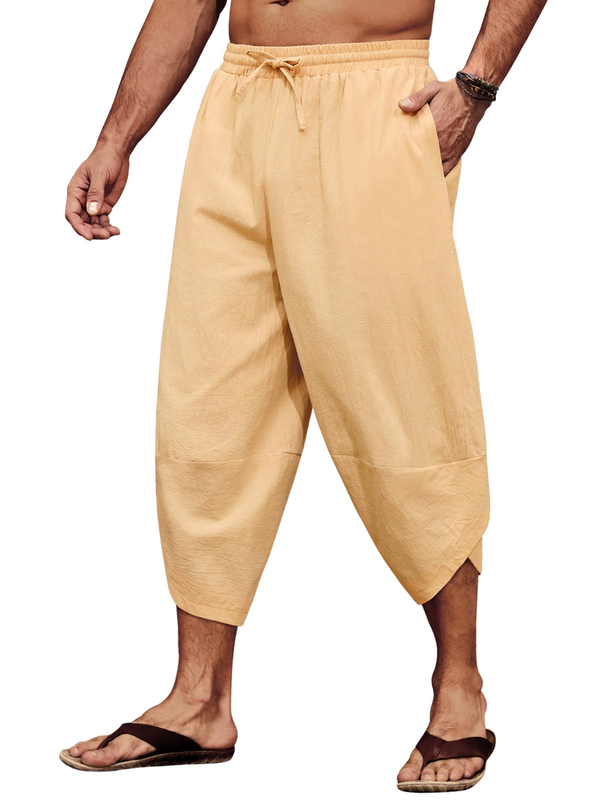 CMTOP Hose Herren Leichte 3/4 Sommerhose Baggy Freizeithose Strandhose Yoga Hose Elastische Taille Baumwolle Haremshose mit Kordelzug und Taschen