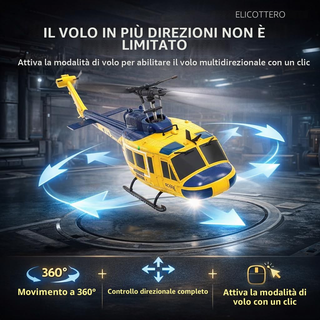 C032 Elicottero RC per Adulti, UH-1 Huey 6CH Militare Scala Elicottero RC acrobatico senza alettoni con Volare a testa in giù 3D Rotolamento e sistema di posizionamento intelligente(Yellow)