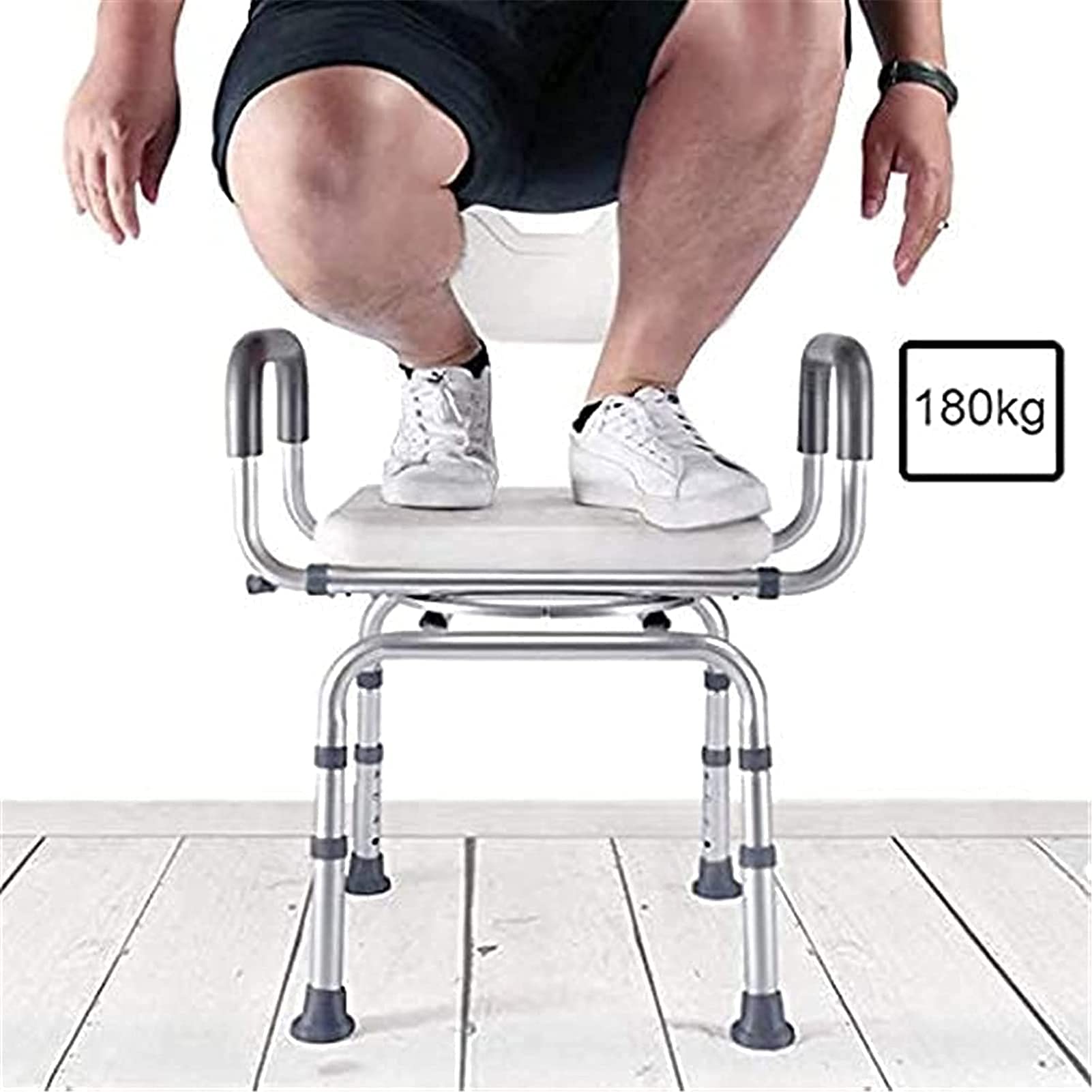 Asiento de Ducha, Banco de Transferencia de Asiento Silla Resistente, Taburete de Ducha con Asiento Giratorio Bañera Silla elevadora de Ducha y apoyabrazos Respaldo Ajustable en 4