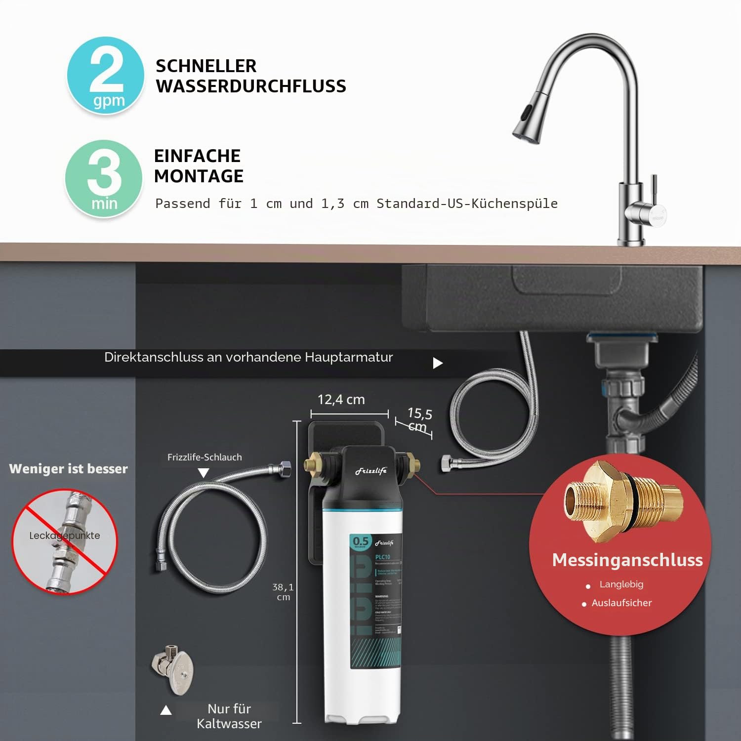 Frizzlife SW10 Unterbau-Wasserfiltersystem, NSF/ANSI 53&42-zertifiziert, Reduziert 99,99% Blei, Chlor, schlechten Geschmack und Geruch, Direktanschluss, 8K Gallonen, hohe Kapazität, 0,5 Mikron