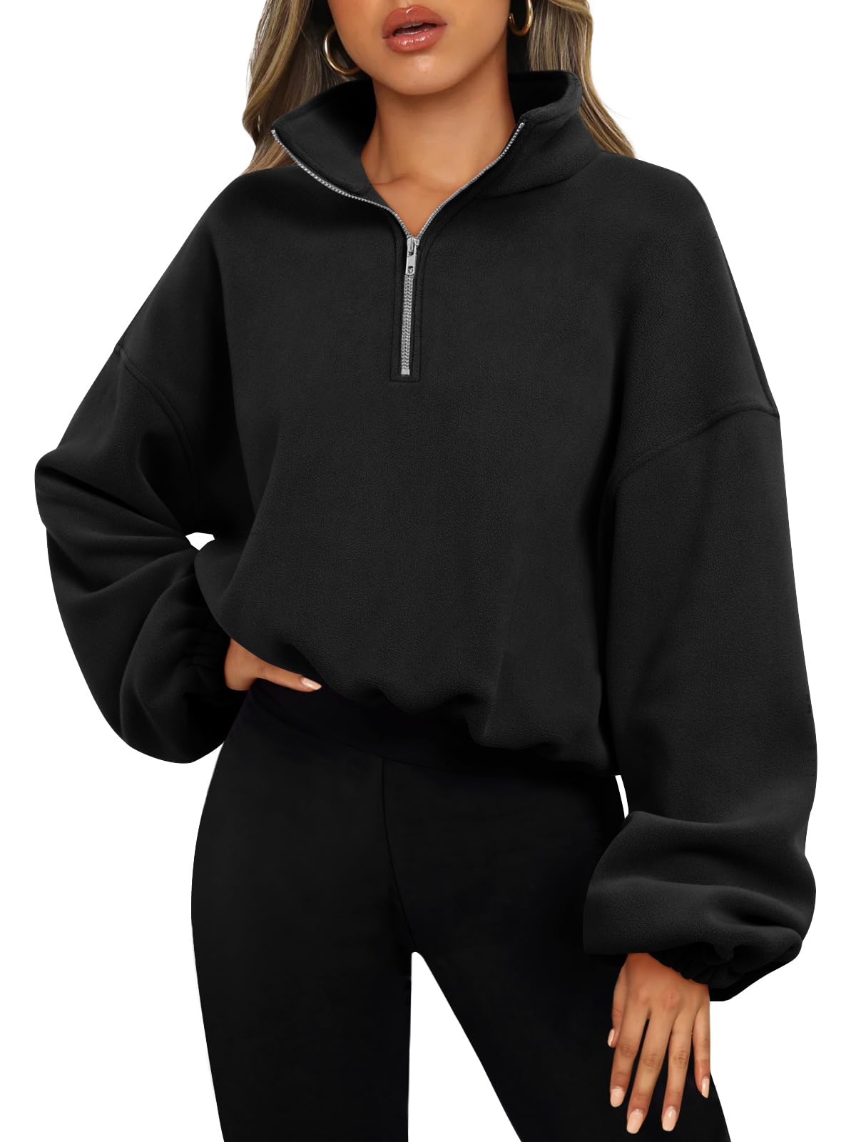 AUTOMETWomens Quarter Zip Pullover Oversized Long Sleeve Sweatshirt Half Zip Cropped Hoodie Teen Girls Fall Y2K Clothes