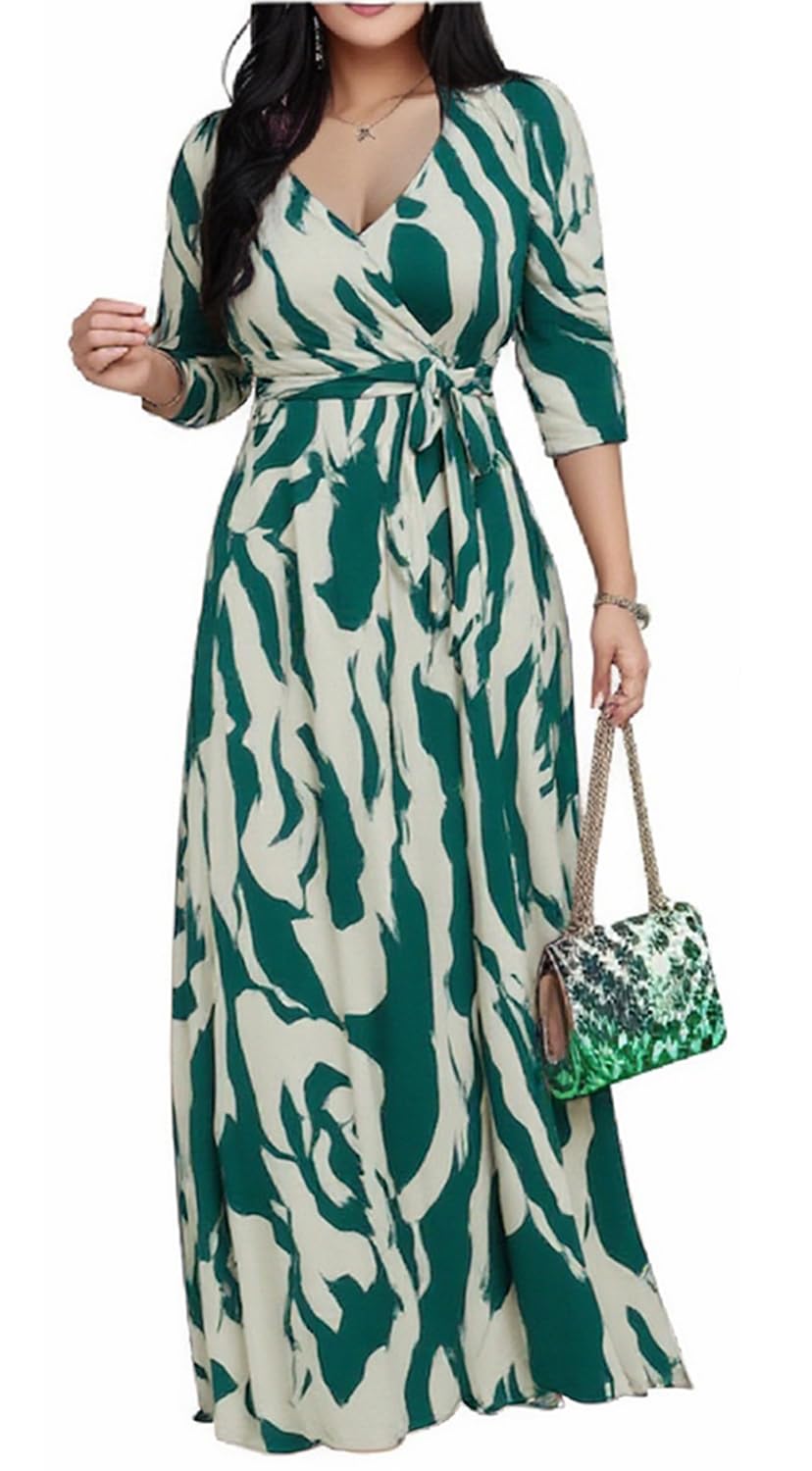 Women's Church Maxi Wrap V Neck 3/4 Sleeve Tie Waist Plus Size Long Dress