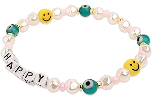Happy Face Charm Beaded Stretch Bracelets for Women Girls