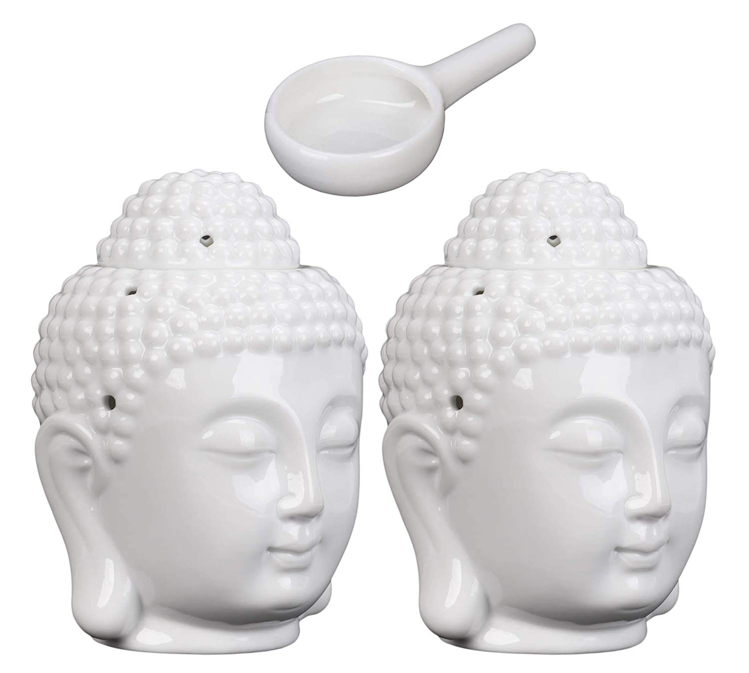 Ruilasago 2*White Buddha Head Candle Oil Burner, Ceramic Translucent Statue Hollow Essential Oil Burner Aromatherapy Diffuser Furnace Tealight Candle Holders For Yoga Meditation Room Home Decor (2*White)