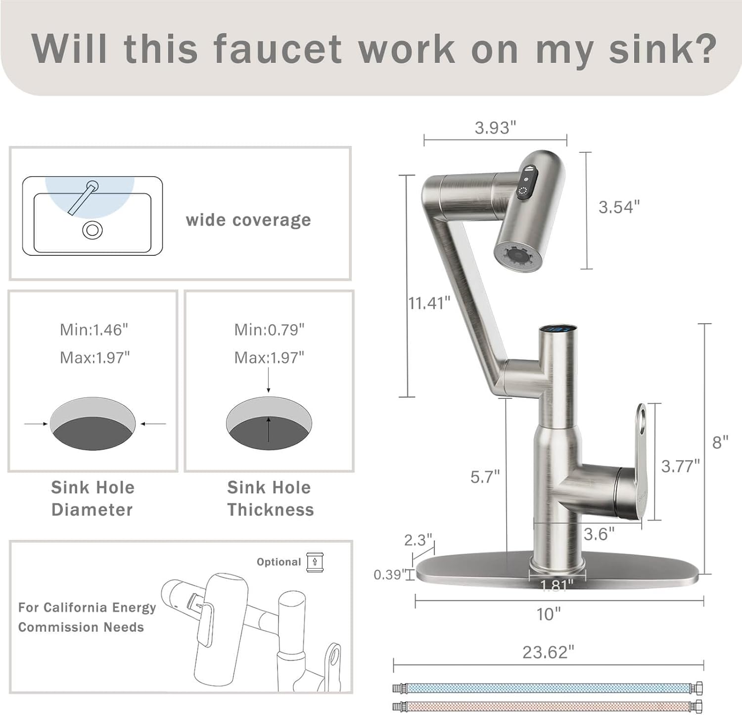 Rotatable Bath Faucet with Temp Display in Celsius, Single Hole Brushed Nickel and 3 Outlet Modes Faucet, Battery-Free