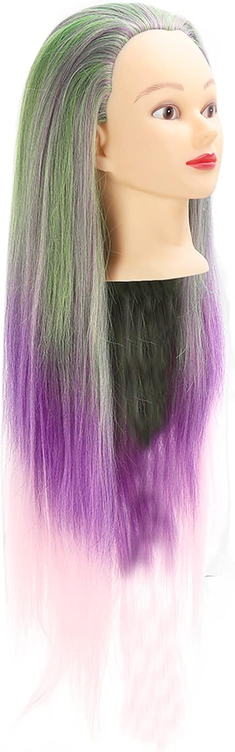 Focket Hair Mannequin Head, Green Purple Gradient Wig High Temperature Synthetic Hair Training Head, Wig Mannequin with Highly Malleable Easy to Comb for Beauty Teachers
