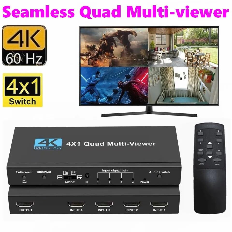 Image of MICROWARE HDMI Multiviewer Switch 4x1, HDMI Quad Multi-Viewer with Seamless Switch, Split Screen,5 Display Modes,with IR Remote /Software /Push Button Selector for Security Camera, Gaming Consoles