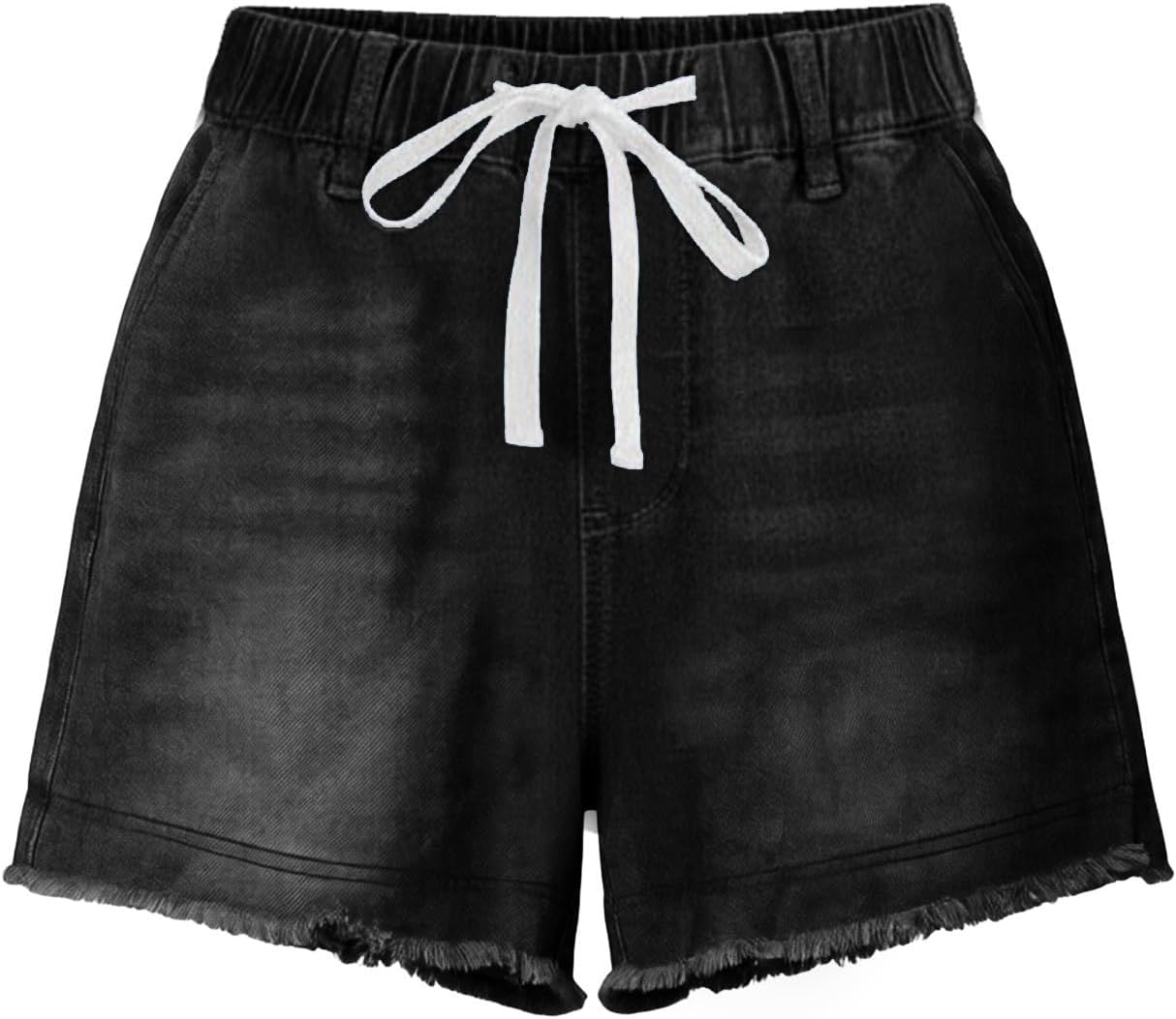 Denim Shorts for Women High Waisted Frayed Hem Drawstring Stretchy Jean Shorts Casual Summer Vacation Lounge