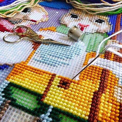 Image of Brvsk Christmas Needlepoint Kit for Adults and Beginners - Hares' Carols 16″ x 16″ with Clear, Precise Printed Design on Cotton Canvas; Includes 2 Needles, Yarn, and Easy-Read Chart
