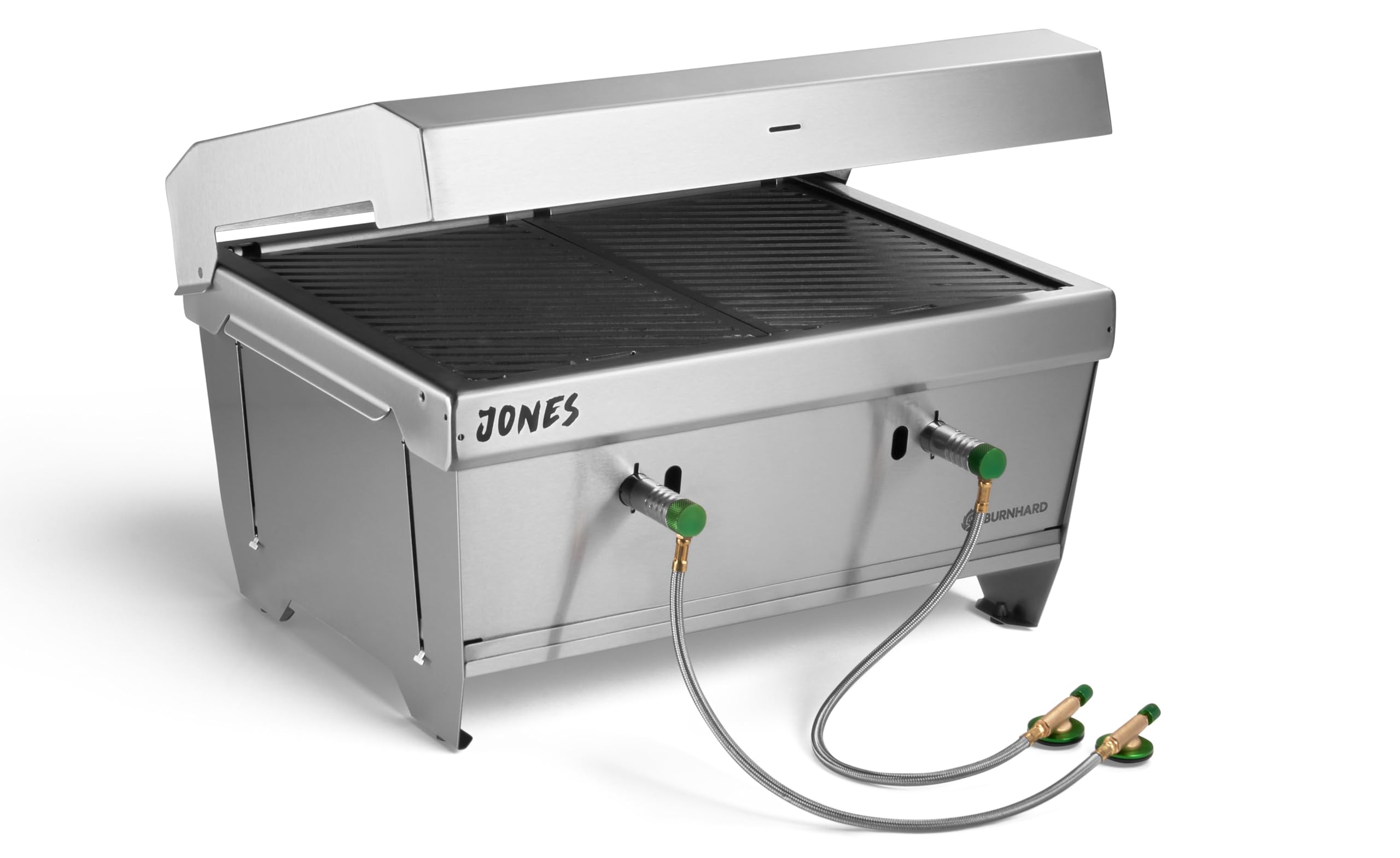 Griglia da Campeggio 2 Bruciatori BURNHARD® 6,4 kW, Sistema FitnFire™, Acciaio Inox, 500°C, Compatta, Leggera, con Multitool, Borsa da Trasporto – JONES Griglia Pieghevole