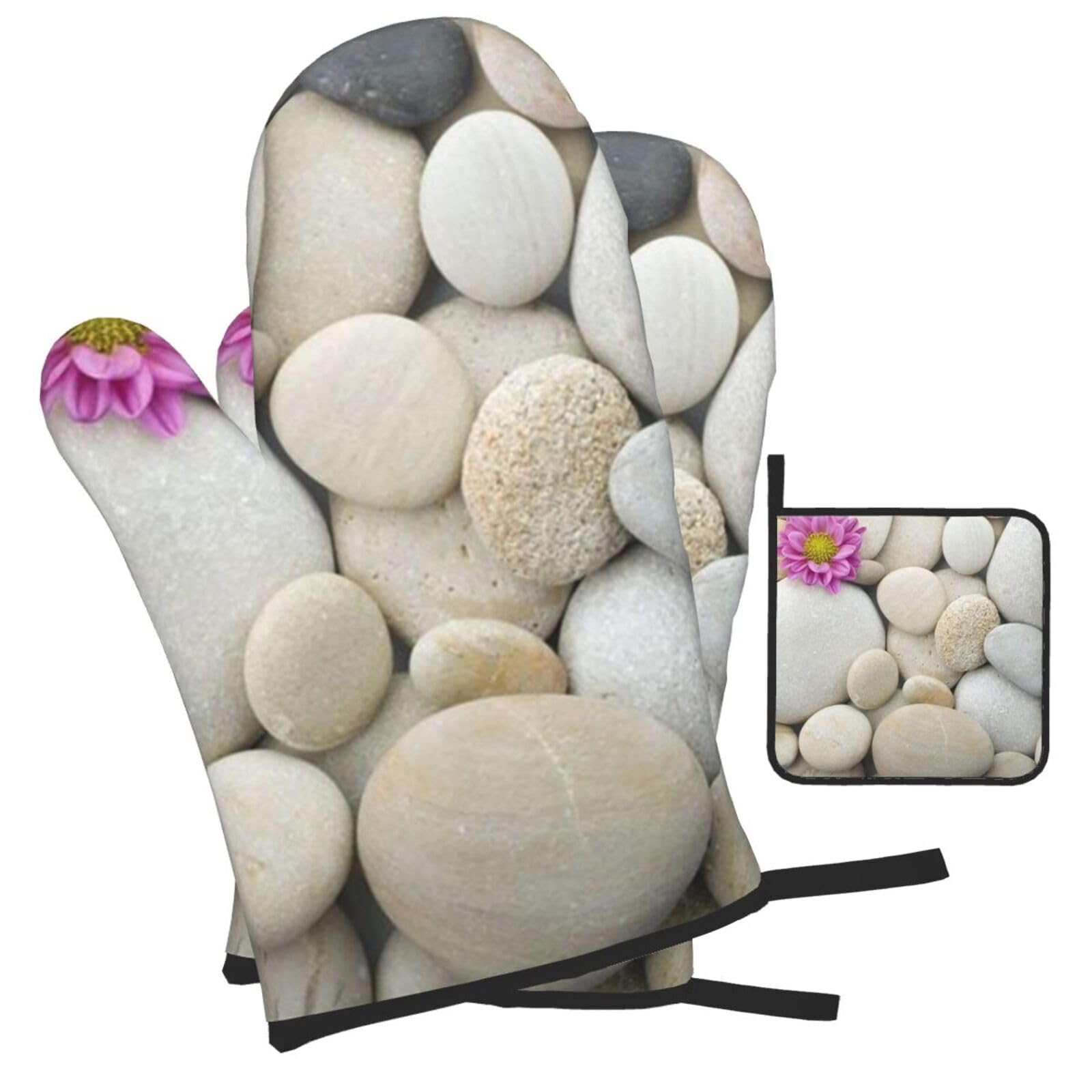 Stones with Pink Carnation Printed Oven Mitts and Pot Holders Heat Resistant Set of 3 Pcs, Modern Kitchen Gloves & Potholders for Cooking Baking Grilling