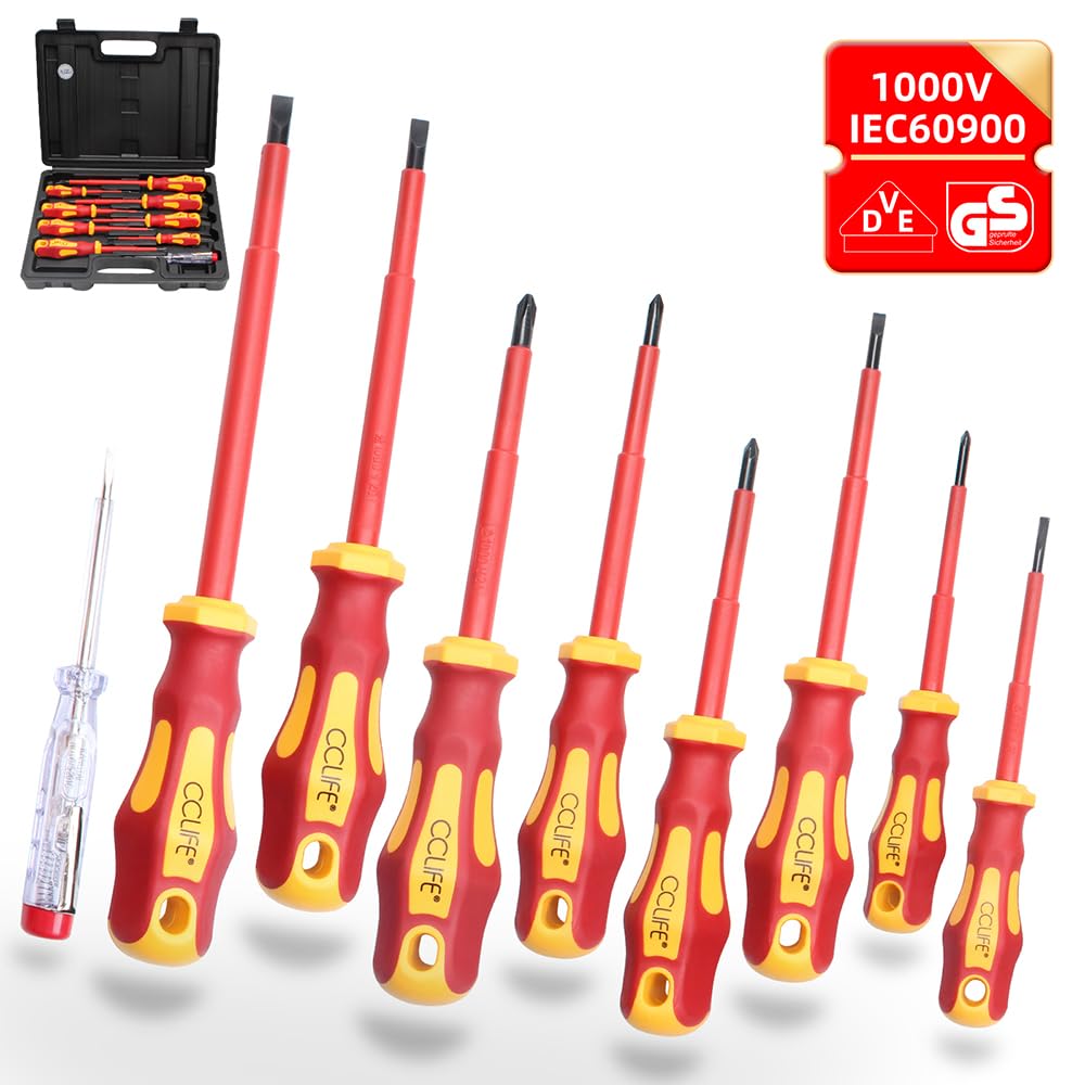 CCLIFE 9 pièces Jeu de VDE Tournevis électricien isolé 1000V testeur de tension, Tournevis tête plats et cruciformes | PH & PZ modèle| Poignée en caoutchouc antidérapante avec trou