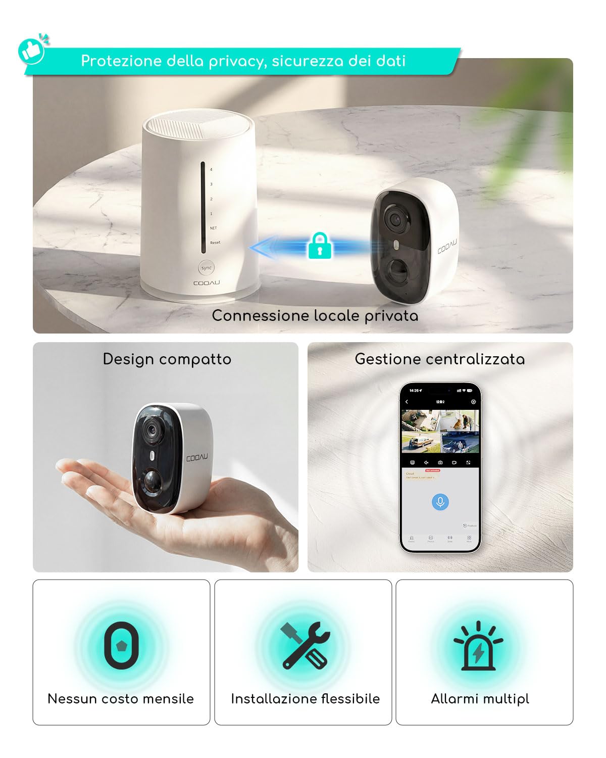 COOAU 4MP kit Telecamera Wi-Fi Esterno con Pannello Solare, 64GB Card Incluse, Wi-Fi 6 Dual Band(2.4GHz & 5GHz), Visione Notturna a Colori, Senza Abbonamenti, Adatta per Interni ed Estern, IP66, Cloud
