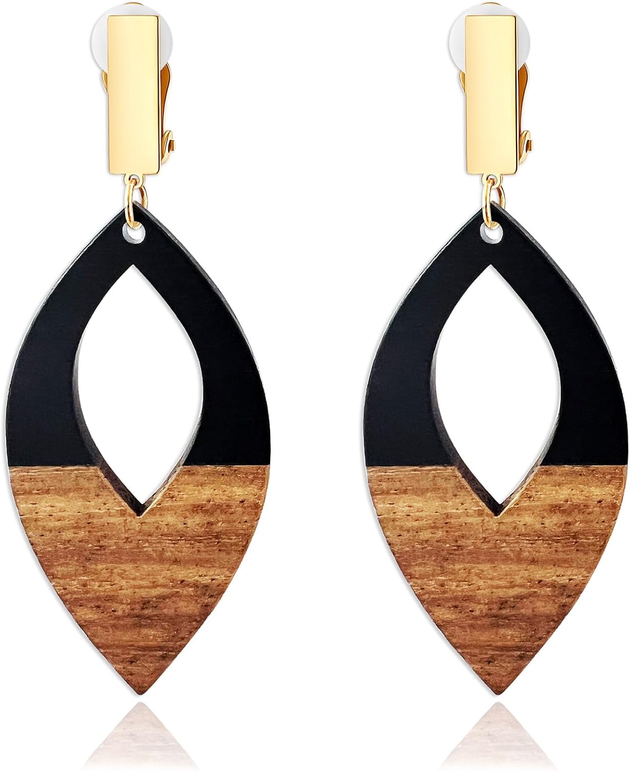 Aretes geométricos de madera clip on mujer negro y dorado miniatura 1