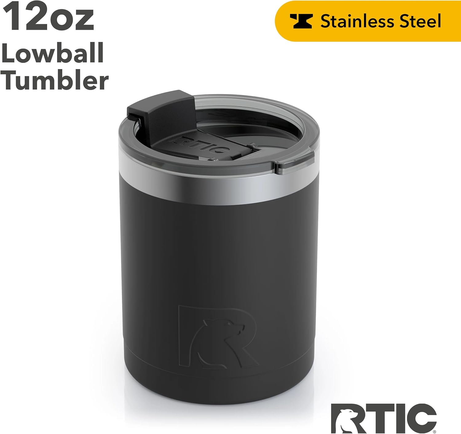 RTIC Lowball Tumbler with Splash Proof Lid, 12 oz, Black, Insulated Travel Stainless Steel Coffee Mug, Sweat Proof, Keeps Hot& Cold Longer