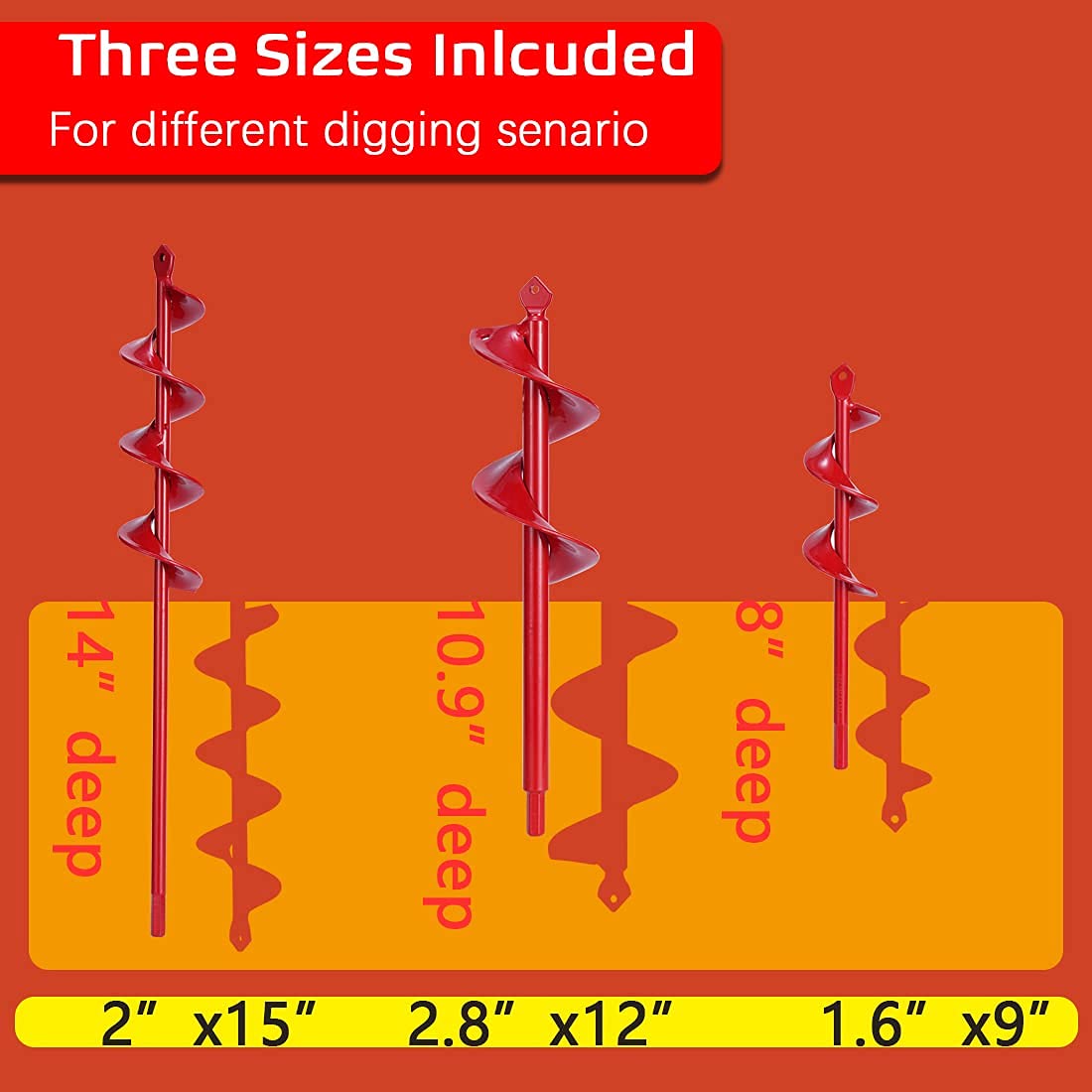 Rokrou 3PCS Auger Drill Bit for Planting Garden Auger Spiral Drill Bit Post Hole Digger Bulb Planter Tool 1.6"x9" 2"x15" and 3"x12" for Sand/Wet/Dry Soil 3/8� Hex Drive Drill