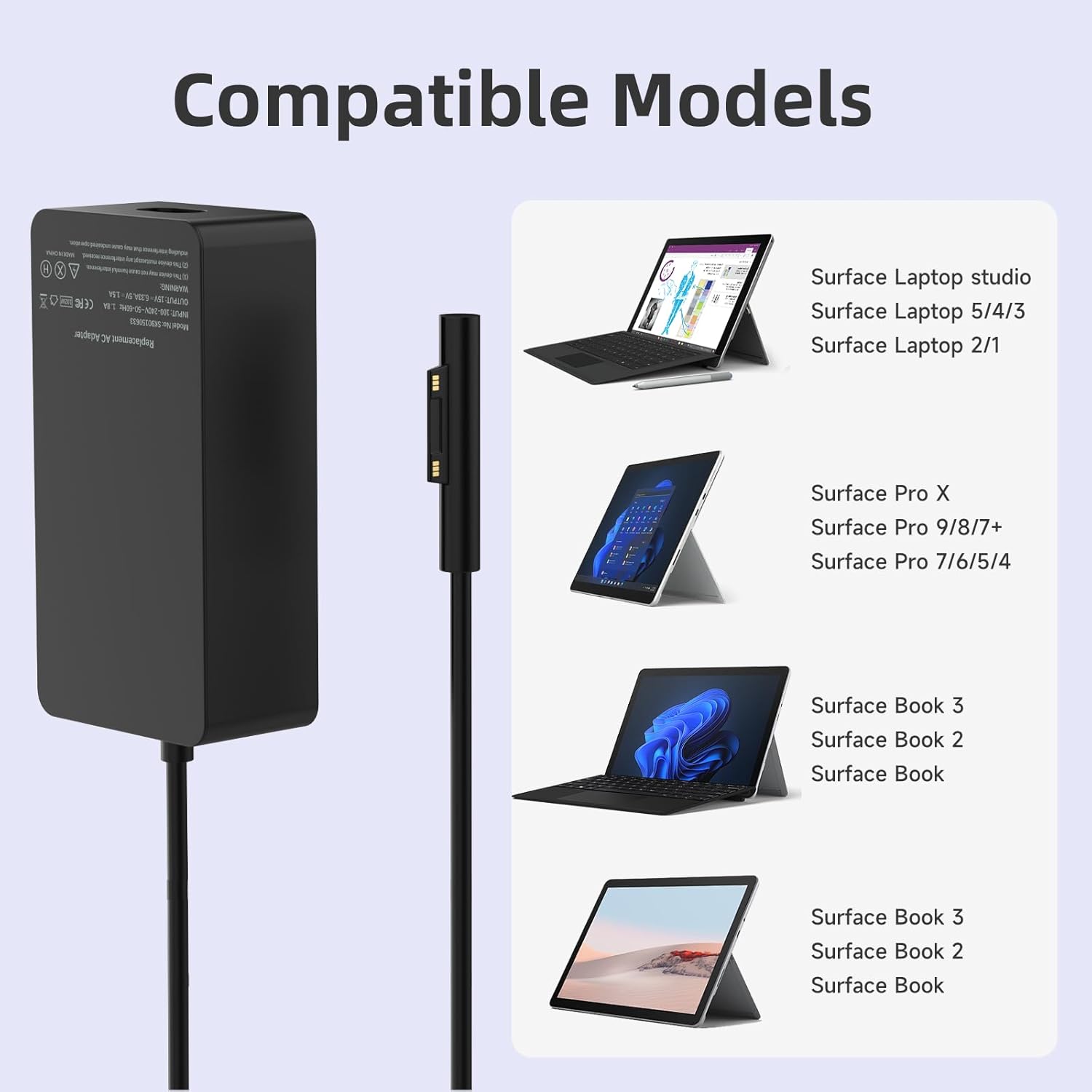 102W 15V 6.33A Surface Laptop Charger for Microsoft Surface Book 2/3, Surface Laptop 2/3/4/5, Surface Pro 5/6 /7/8/9, Surface Go 2/3 Power Supply with USB 5V 1.5A
