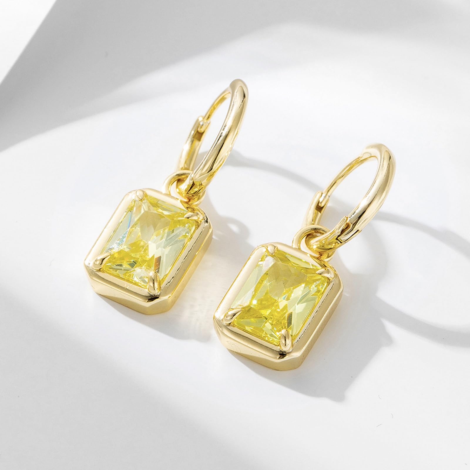 Pendientes de aro solitarios de oro de 9/14/18 quilates para mujer, rectangular, citrino, oro real para ella