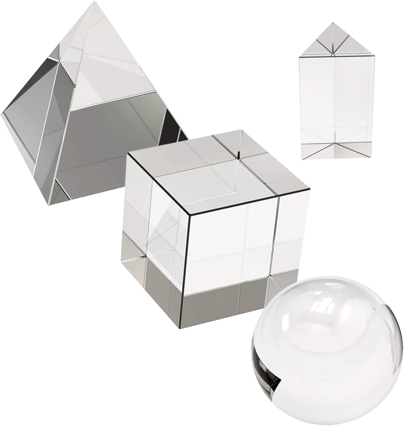 4 Pack K9 Optical Crystal Photography Prism Set, Include 55mm Crystal Ball, 50mm Crystal Cube, 50mm Triangular Prism, 60mm Optical Pyramid with Gift Box& Wipe Cloth for Teaching, Playing, Photography
