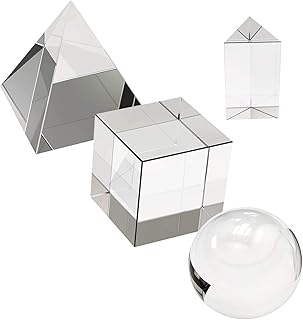 4 Pack K9 Optical Crystal Photography Prism Set, Include 55mm Crystal Ball, 50mm Crystal Cube, 50mm Triangular Prism, 60mm Optical Pyramid with Gift Box& Wipe Cloth for Teaching, Playing, Photography