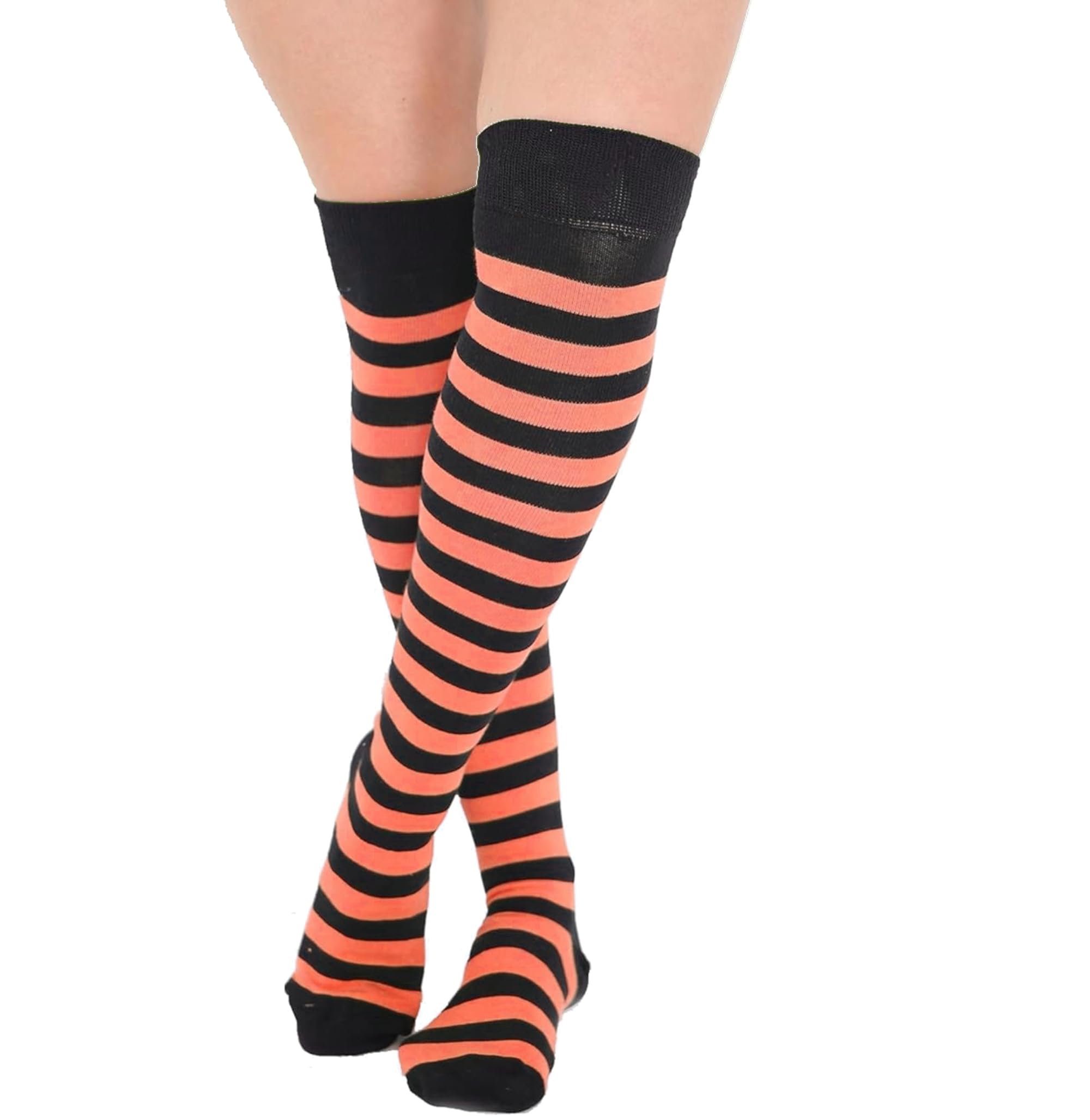 FNA FASHIONS® Over the Knee Socks – Thigh High Cotton Socks | Long, Soft & Stretchy Boot Socks for Women & Girls | Plain & Striped Knee High Stockings (Black & Orange Stripe OTK Socks)