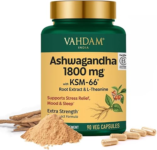 VAHDAM Suplemento de Ashwagandha 1800 mg con extracto de raíz de Ashwagandha y L-Teanina | Apoyo para el alivio del estrés, el estado de ánimo y el