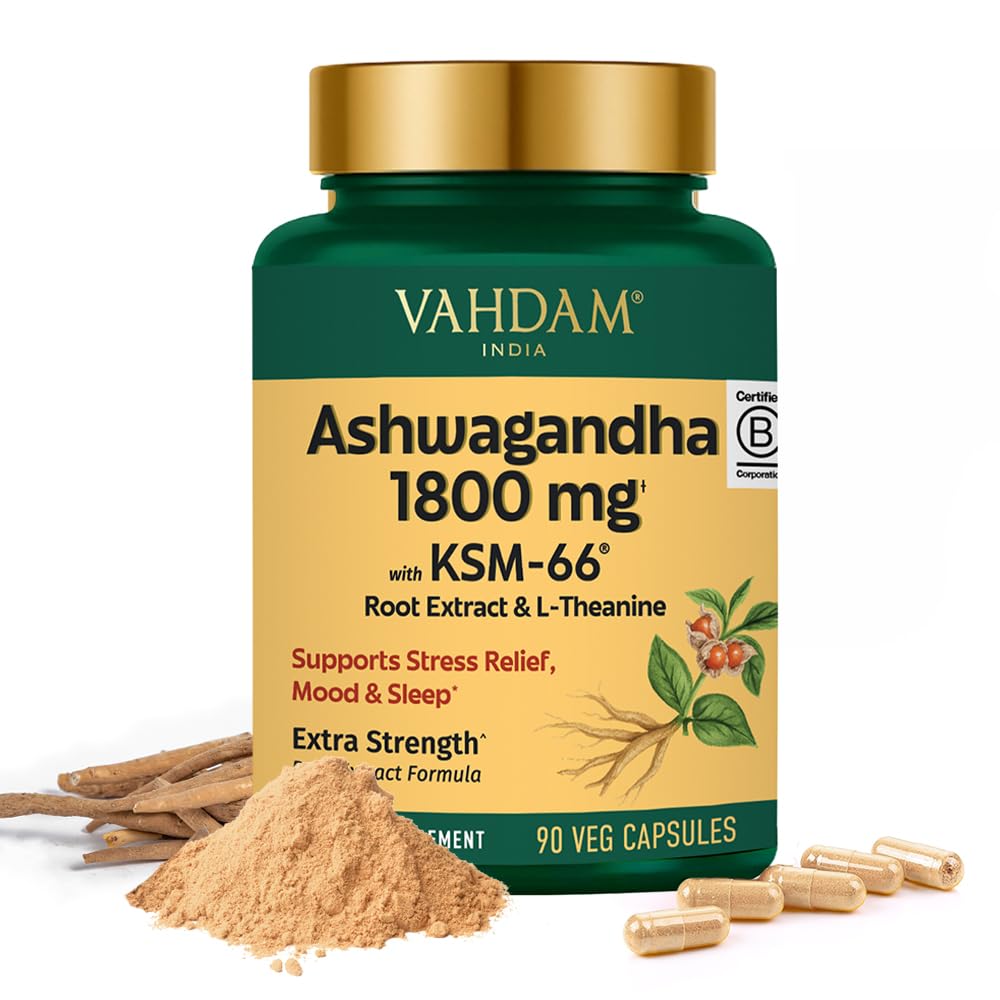VAHDAM Ashwagandha Supplement 1800mg with Ashwagandha Root Extract and L-Theanine | Support Stress Relief, Mood and Sleep | 90 Capsules