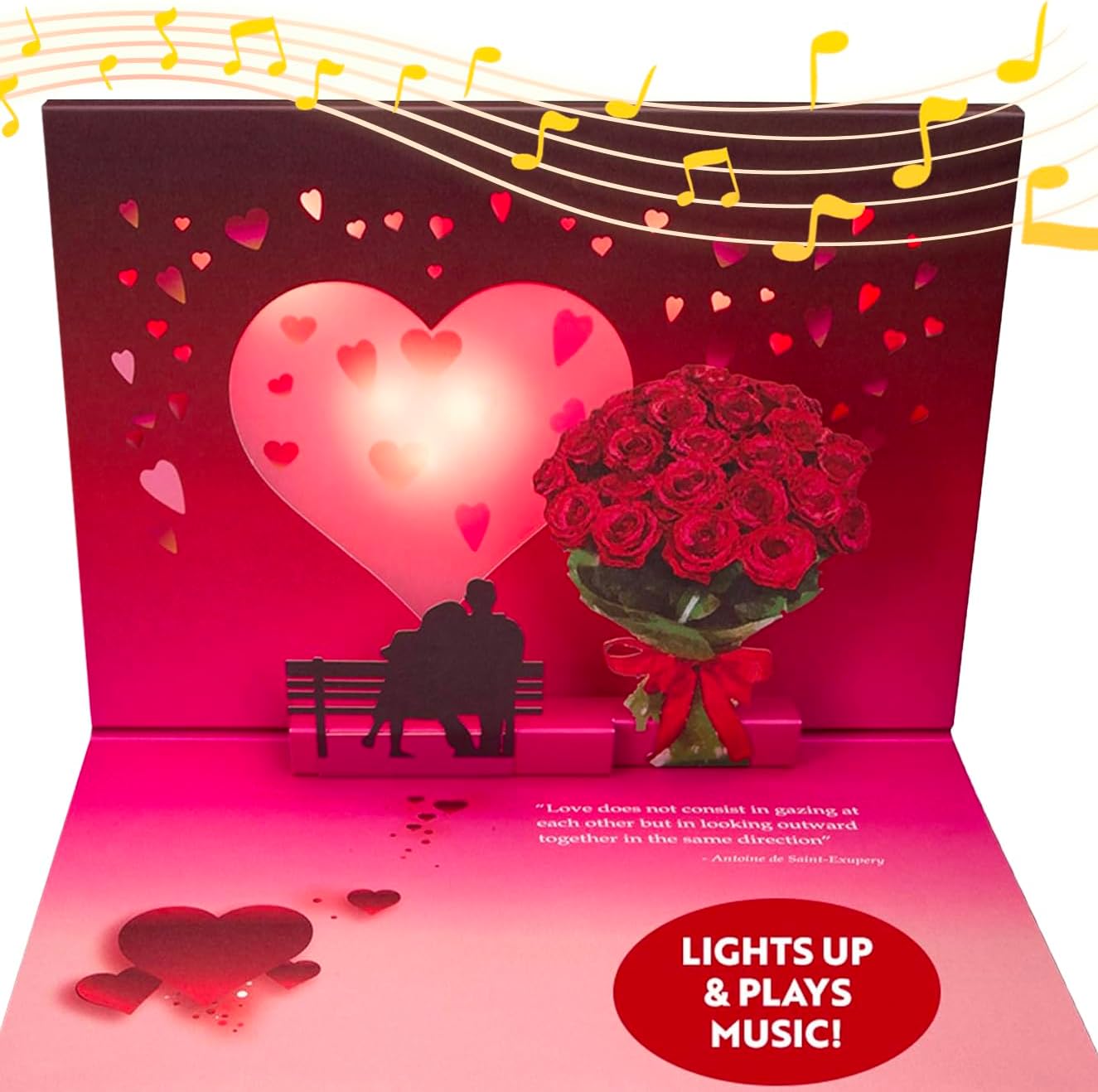 Pop Up Valentines Day Card Plays "Unchained Melody" - 3D Romantic Couple Scene with Roses & Glowing Heart Sunset - Musical Keepsake Gift For Your Sweetheart with Lights & Music (Cute Couple)