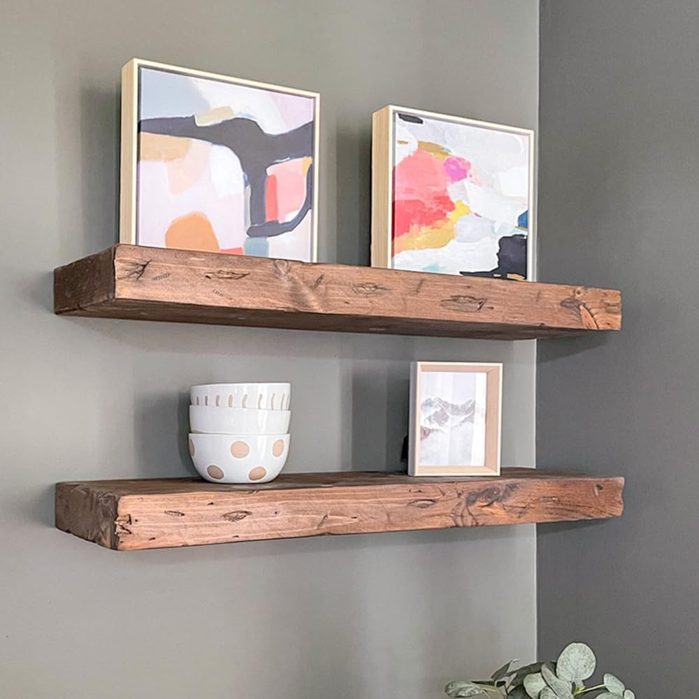 Urbandi Rustic Distressed Floating Shelves, Set of 2, Handmade Out of Pine Wood, 3 Inch Thick, Made in USA (Provincial, 24Lx3Hx8D)