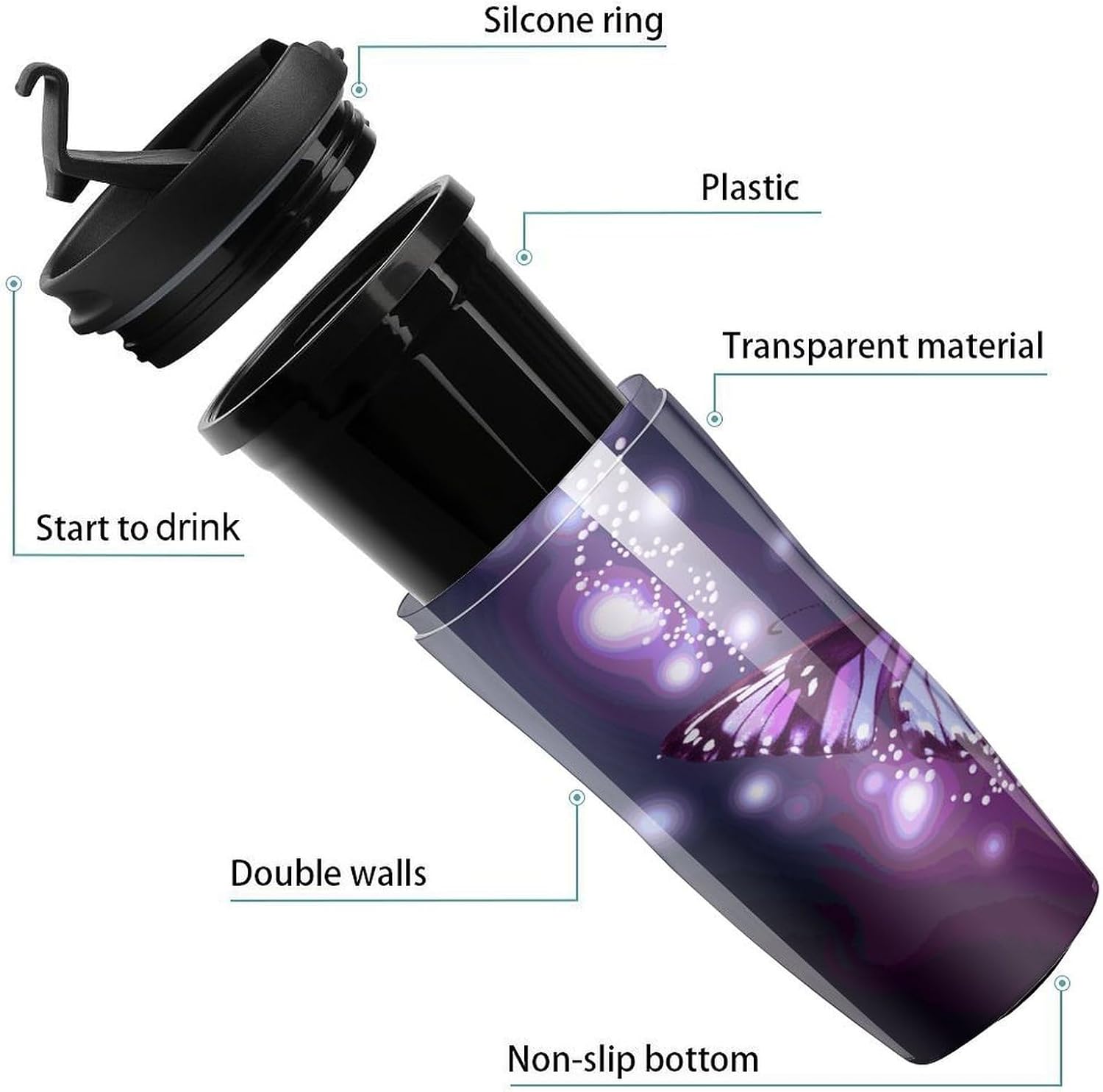 Cute Purple Butterfly Coffee Cup Reusable Portable Water Bottle with Double-Walled Plastic,Coffee Mug for Hot & Cold Drinks, Cup Holder Friendly 350ml