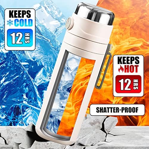 Stainless Steel Water Bottle - 500ml Double Walled Vacuum Insulated Drinks Bottles with Cup & Filter - Reusable BPA Free Leakproof Metal Coffee Mug Thermal Flask for Hot Drinks and Cold 12h (White)