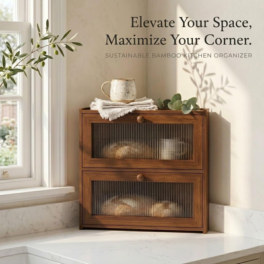 Brown Corner Bread Box, 2 Tier Bamboo Bread Box for Kitchen Countertop, Wooden Bread Storage Container and Space-Saving Bread Keeper for Homemade Bread, Bagels and Rolls