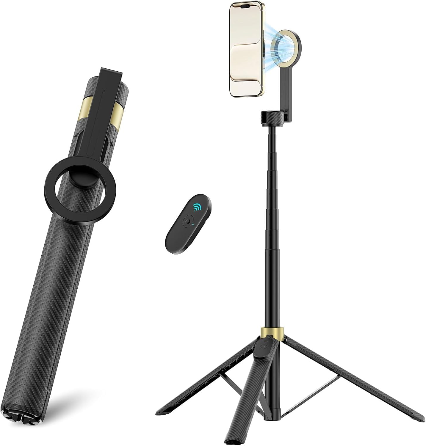 65" Magnetic Tripod for iPhone, Selfie Stick Tripod with Remote, 360° Rotatable Extendable Travel Tripod Phone Stand with Metal Ring, Compatible with iPhone Android