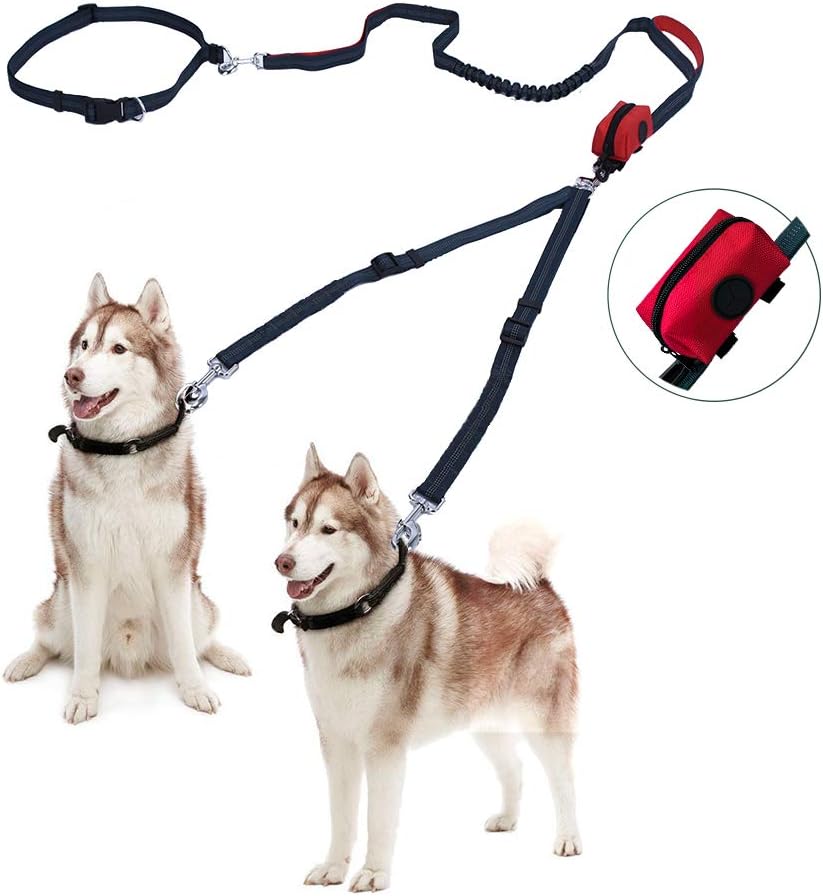 Free Paws Double Dog Leash, Hands Free Dog Walking Leashes for 2 Dogs with Waist Leash Dual Bungees Padded Handles Waste Bag, 150Lbs Fit Medium to Large Dogs