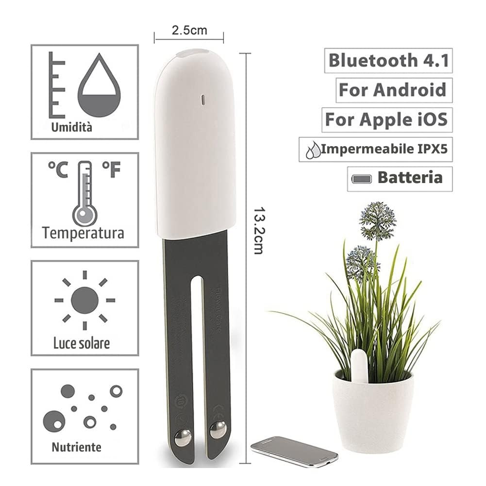 4 in 1 Sensore Umidità Terreno, Igrometro Piante, Misuratore Umidità Terreno, Intelligente Tester del Umidità/Luce/Fertilità/Temperatura, per Mijia APP e Interno(1 PCS)