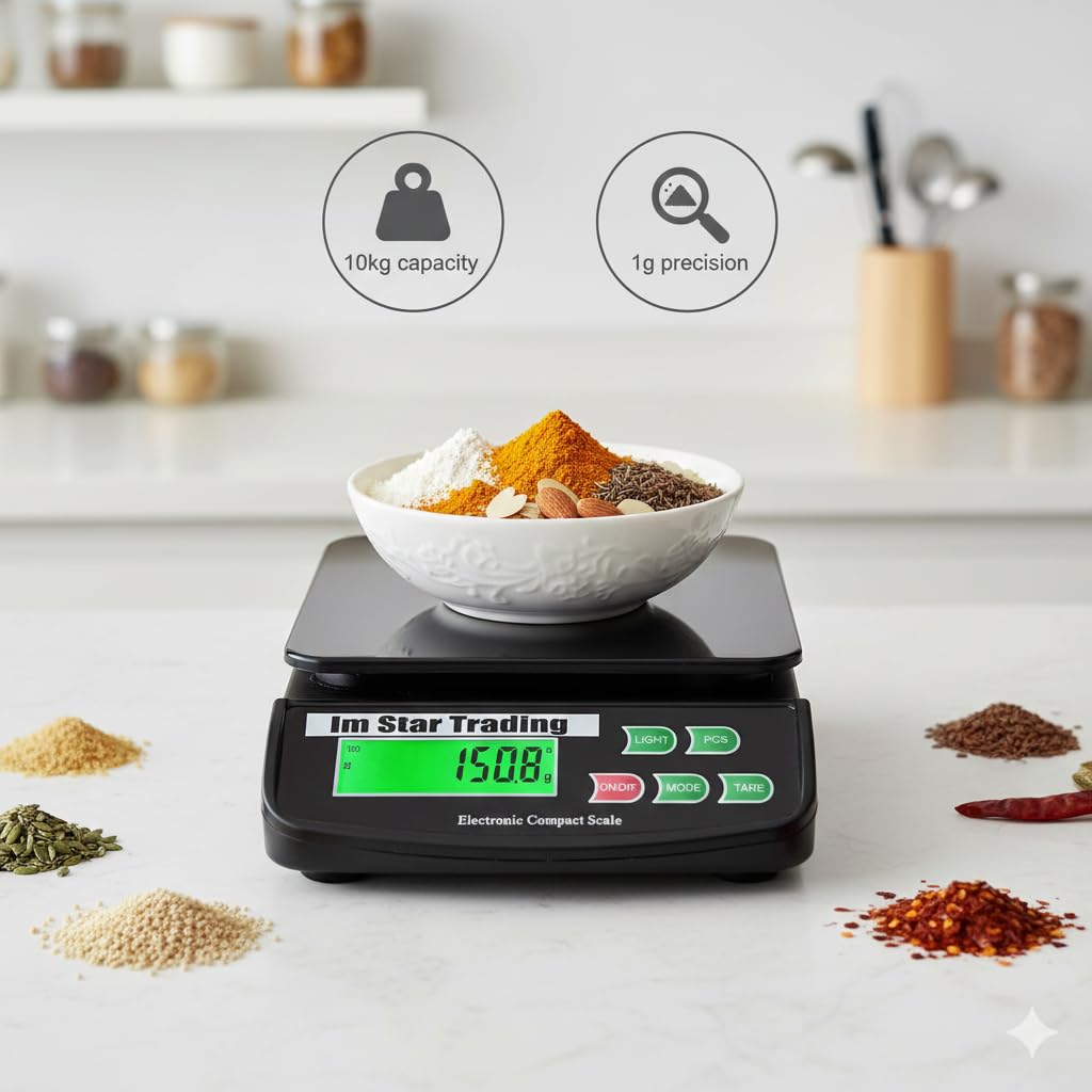 IMStarTrading Digital Kitchen Food Weighing Scale for Healthy Living | Home Baking Cooking Fitness & Balanced Diet | High Precision Weighing Scale with Digital Display | 10Kg x 1g | LCD Screen