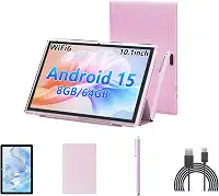 YQSAVIOR Tablet Android 15 com teclado, tablets de 10 polegadas com capa, expansão de 8 GB + 64 GB/1 TB, 2,4 G + 5 G + Wi-Fi 6, 6000 mAh, BT, GMS, jogos, câmera de 8 MP (rosa)
