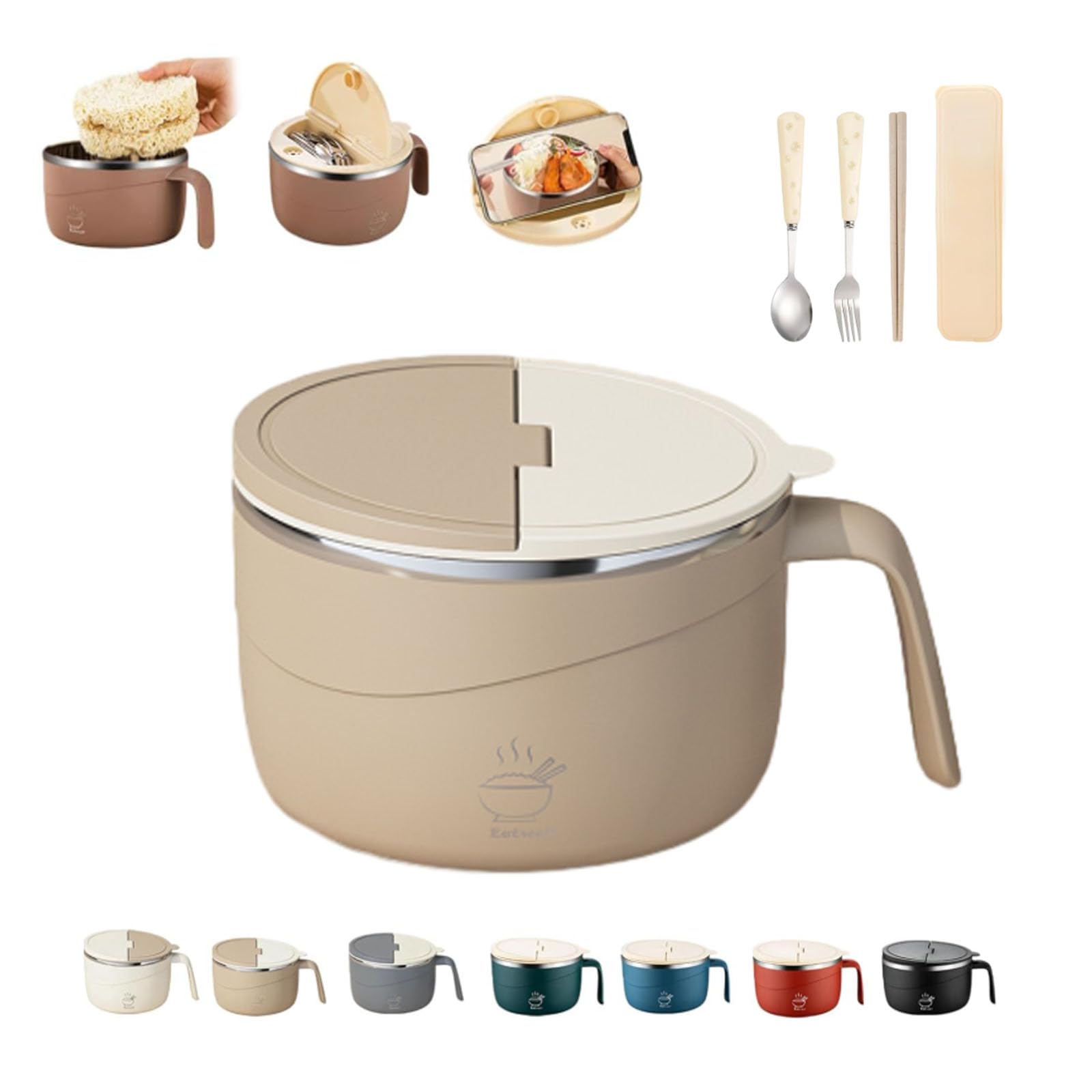 Instant Noodle Bowl with Lid, 1200ml Stainless Steel Ramen Bowl with Handle, Leak Proof Double-Layer Anti-Scald Soup Cup with Drain Holes and Phone Holder for Office and Dorm (A)
