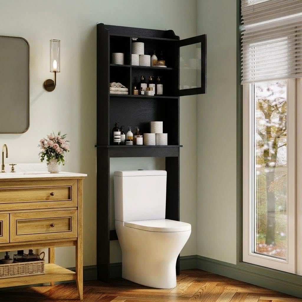 Garvee Mueble de Baño Independiente sobre el Inodoro con Estantes Ajustables, Puertas de Vidrio Templado, Estante de Baño de MDF Que Ahorra Espacio, Mueble de Baño Moderno Resistente al Agua,Negro