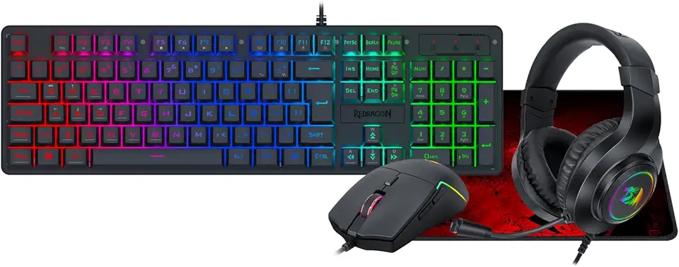 Kit Gamer Redragon Gaming Essentials S166 RGB 4-em-1 Teclado Membrana, Mouse, Mousepad e Headset