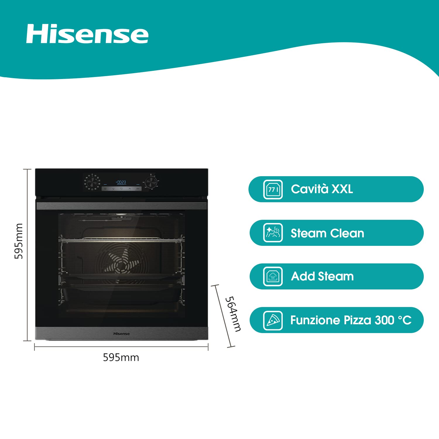 Hisense BSA65226AB, Forno Multifunzione Termoventilato con aggiunta Vapore, Cavità XXL 77L, Pulizia Acqua Clean, 13 funzioni di cottura (tra cui pizza 300 °C e Cottura AirFry)