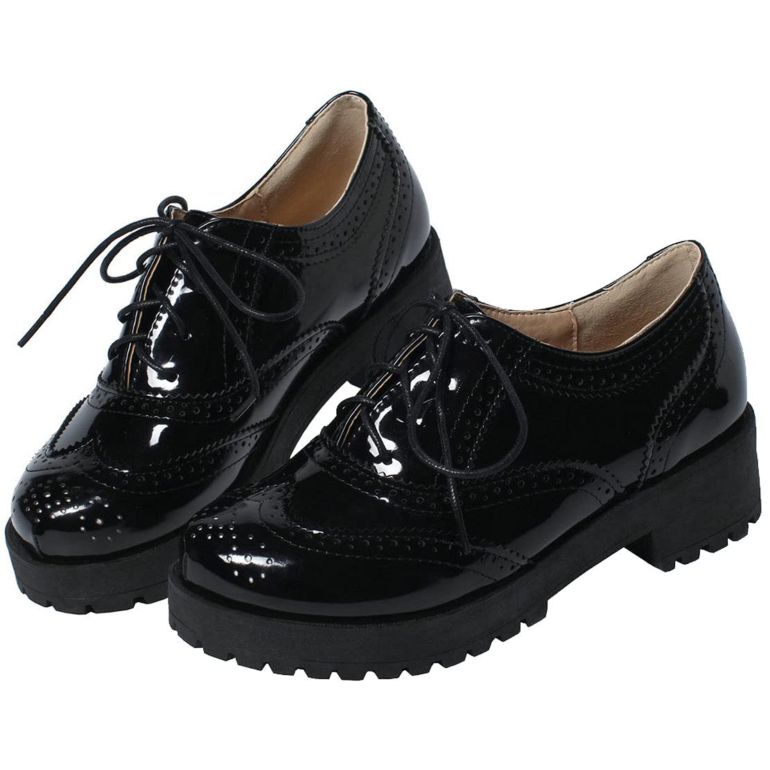 Agodor Women's Lace up Wingtip Oxford Shoes Chunky Heel Platform Vintage Round Toe Brogue Shoes for Women