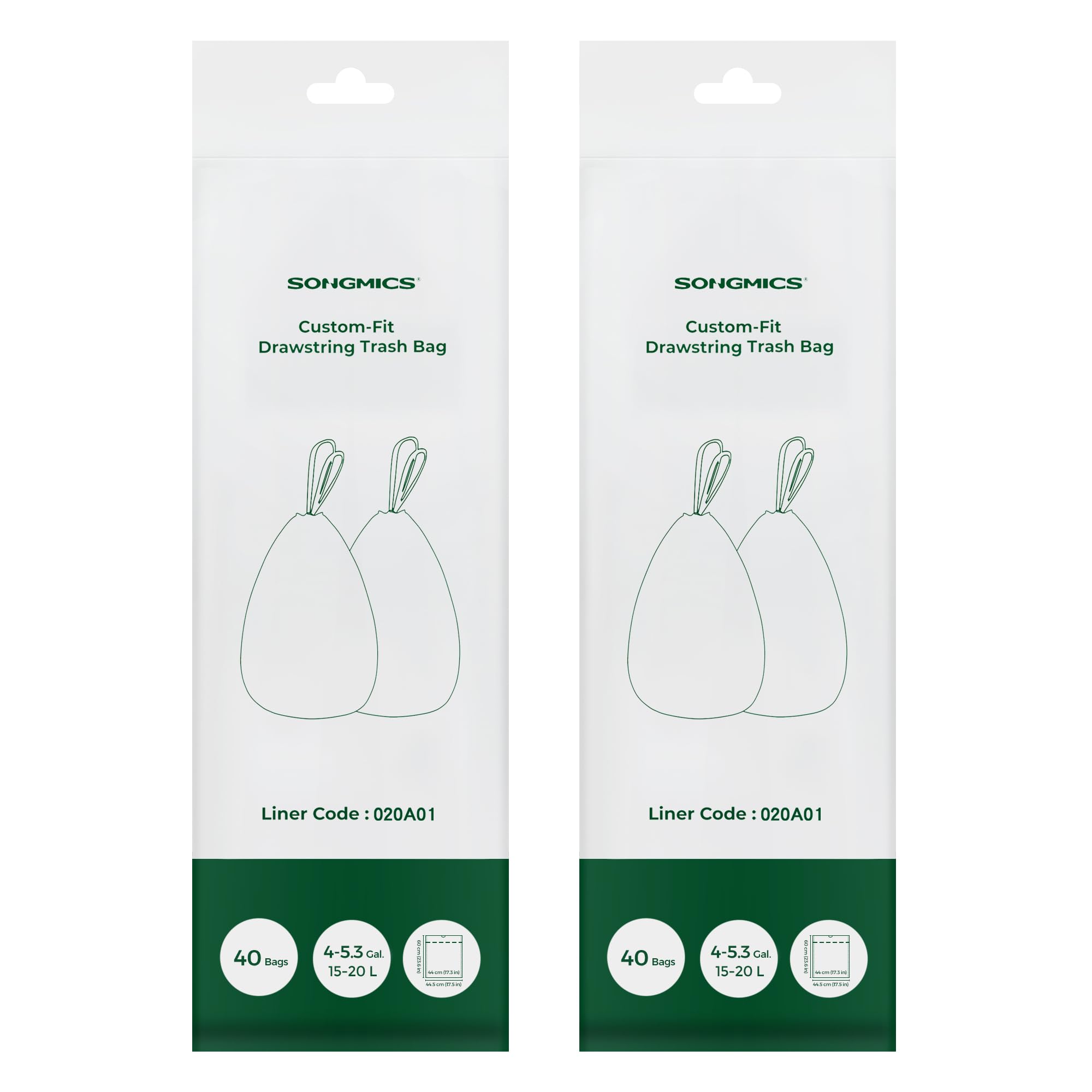 SONGMICSHeavy-Duty Bin Bags, Drawstring Rubbish Bags for 4-5.3 Gallon (15-20L) Kitchen Bins, Pre-Separated, Liner Code 020A01, 2 Rolls, 80 Pieces, White KRB020A02