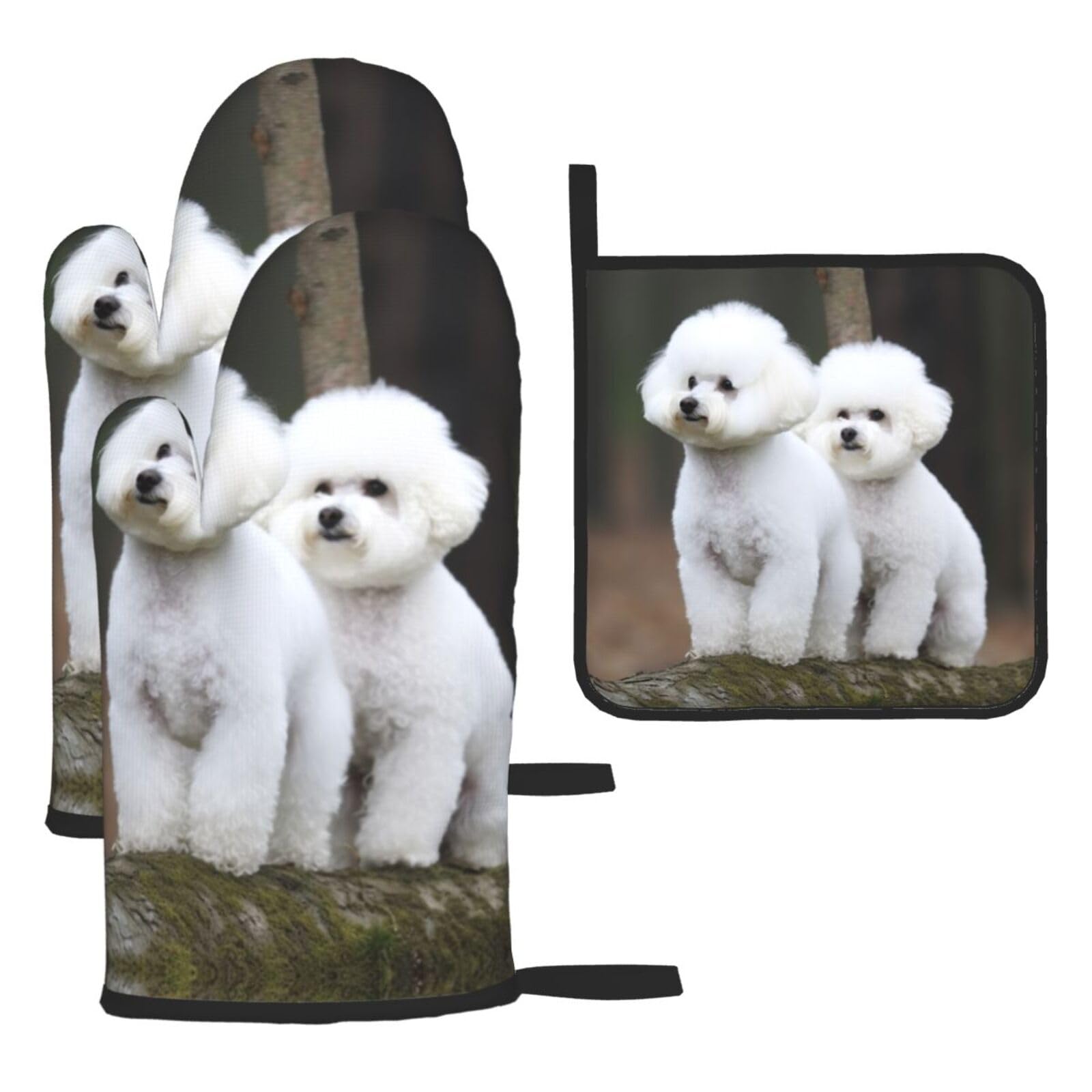 3 Piece Oven Mitts and Pot Holders Set Heat Resistant Oven Gloves and Potholders BBQ Gloves Hot Pads Bichon Frise Cooking Gloves for Kitchen Baking Grilling