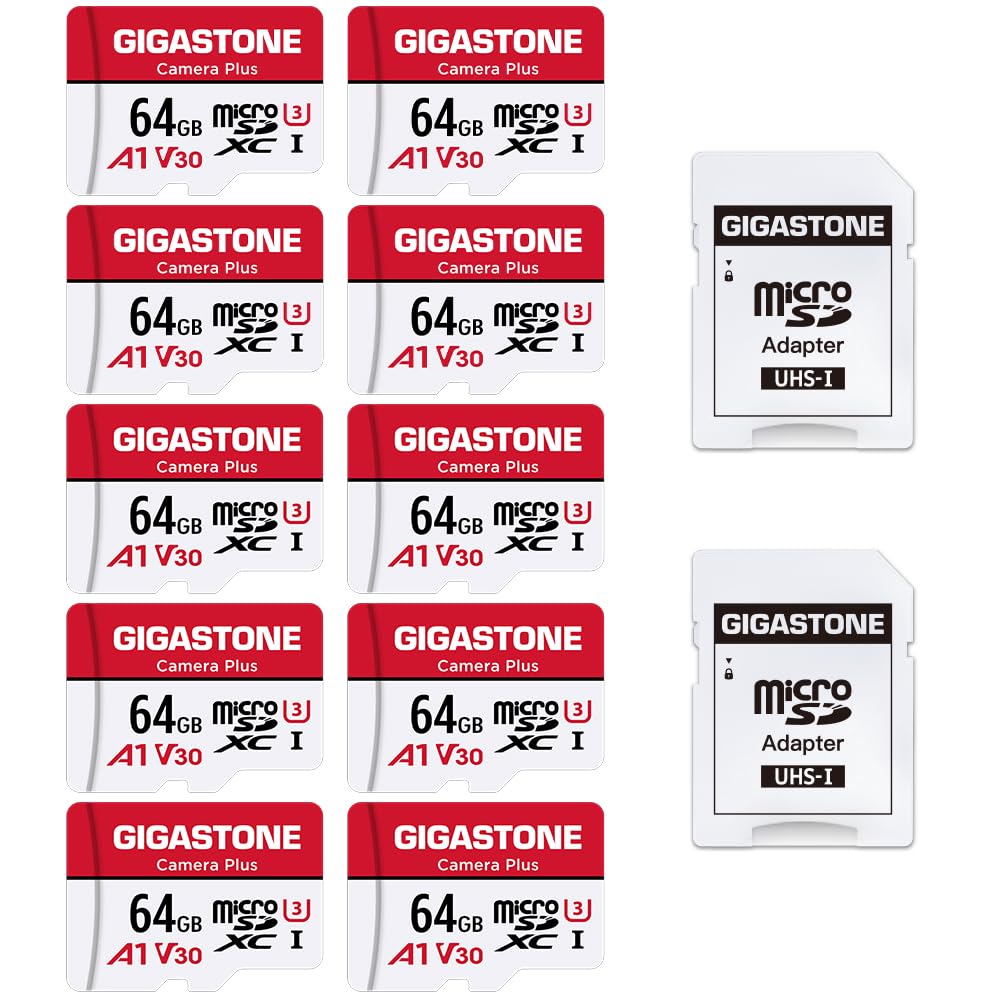 GIGASTONE Carte Mémoire 64 Go Lot de 10 cartes, Caméra Plus Série, Vitesse allant jusqu'à 95 Mo/s. idéal pour Full HD Video Gopro Drone Caméra, U1 C10 Carte Micro SDXC avec Mini Coque et Adaptateur SD