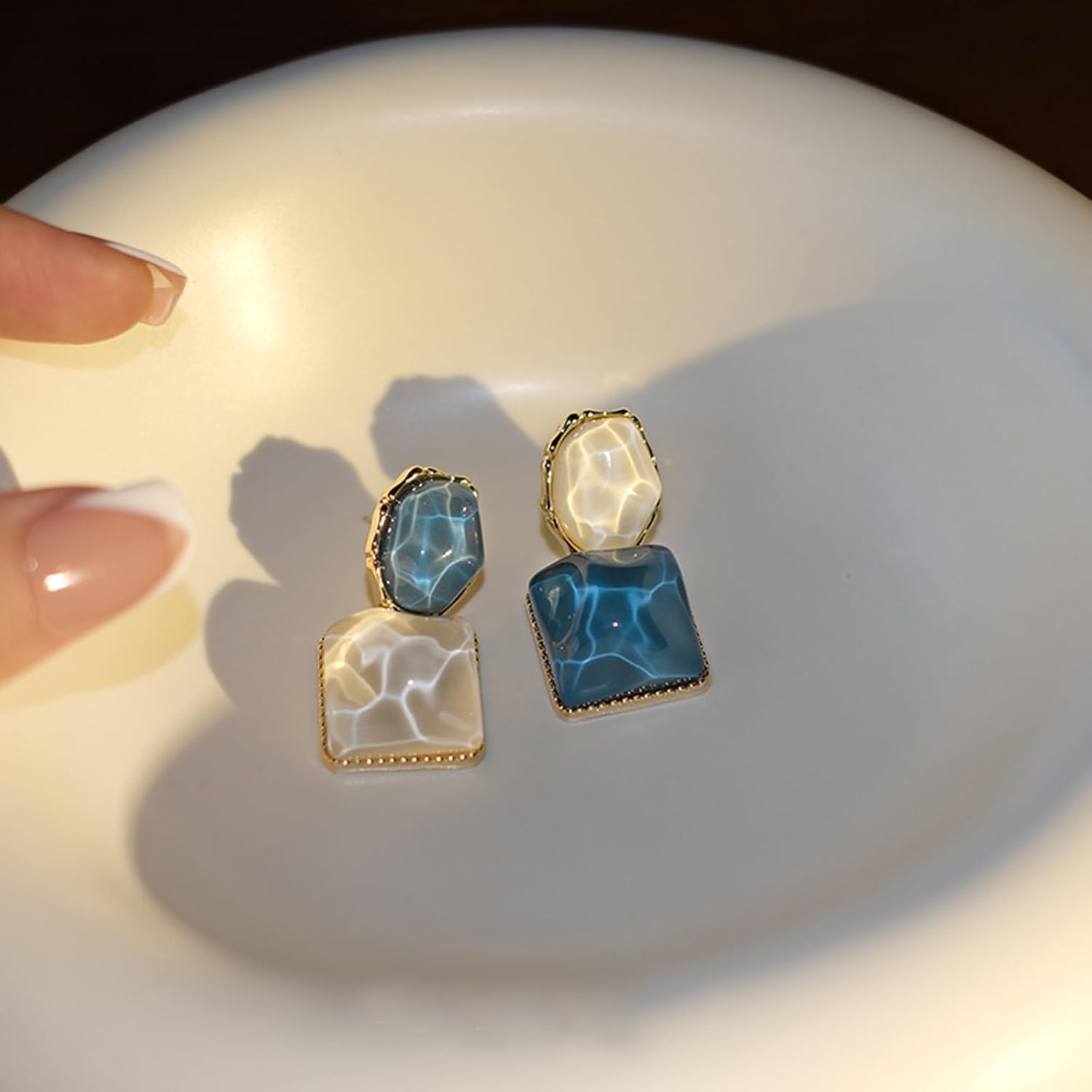 Asymmetrical Earrings, Square Resin Earrings, Blue and White