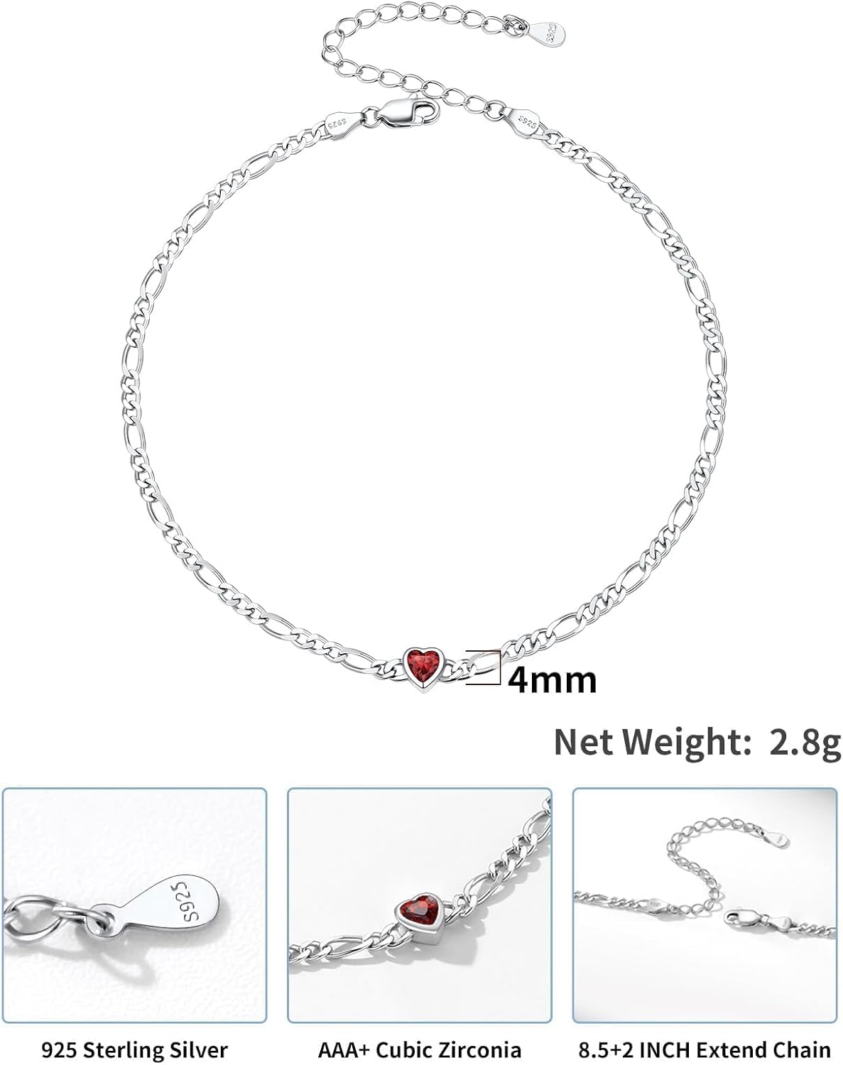 U7 SILVERCUTE Sterling Silver Anklets for Women, Large Heart/Round Birthstone Ankle Bracelet with Figaro Chain, Waterproof Summer Beach Foot Jewelry Length 8.5"-10.5" - Image 4