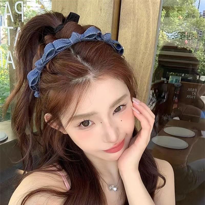 Fascia per capelli da donna, vintage, con fiocco in denim, sottile, per donne e ragazze, fascia per capelli vintage per donne e ragazze