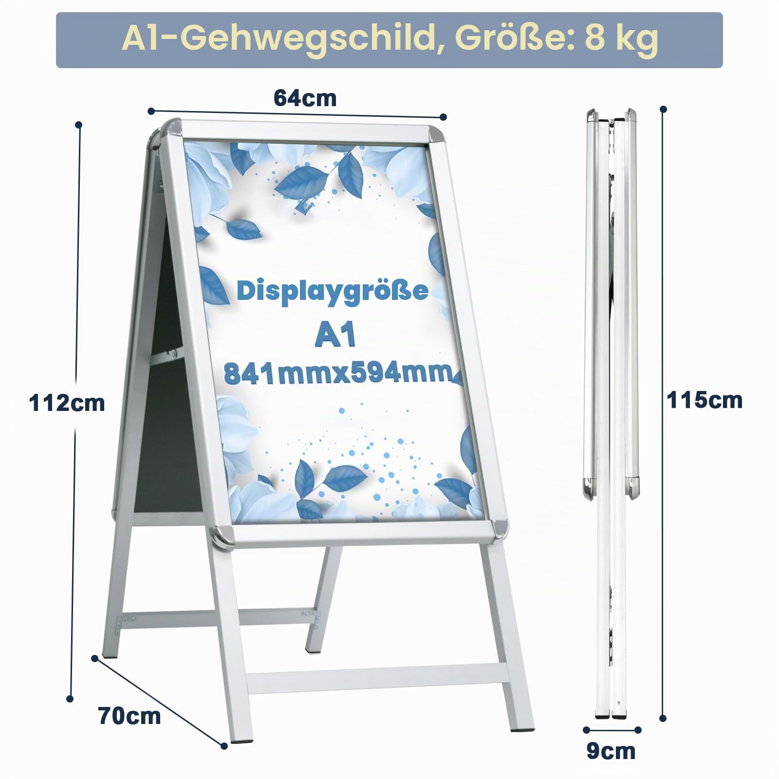Gehweg-Schilderrahmen mit doppelseitigem Display, A-Board, Posterständer und Schilderhalter für Werbung (Silber-A1)
